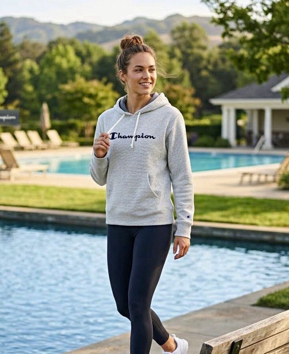 Champion Women's Big Embroidered Logo Zigzag Herringbone Textured Hoodie Pocket
